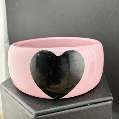 Vintage Bangle Bracelet Pink Black Heart 80s 8.5 