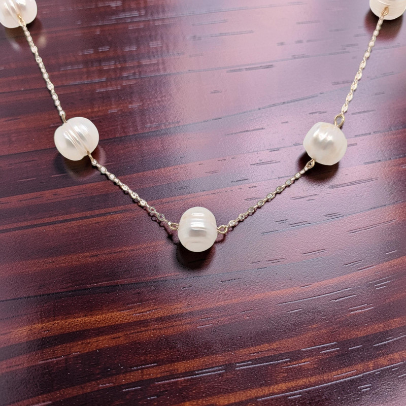 VINTAGE ESTATE 14K YELLOW GOLD 9.2-9.9mm WHITE PEARL STATION 18.5"NECKLACE #7956
