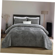 Velvet Bedspread Quilt Bedding Sets,Luxury Elegant Queen 90 by98inch Grey