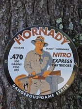 VINTAGE HORNADAY DANGEROUS GAME SERIES PORCELAIN SIGN 12"