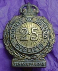CYCLISTS  25th Battn County of London Regiment WW1 military Cap Badge