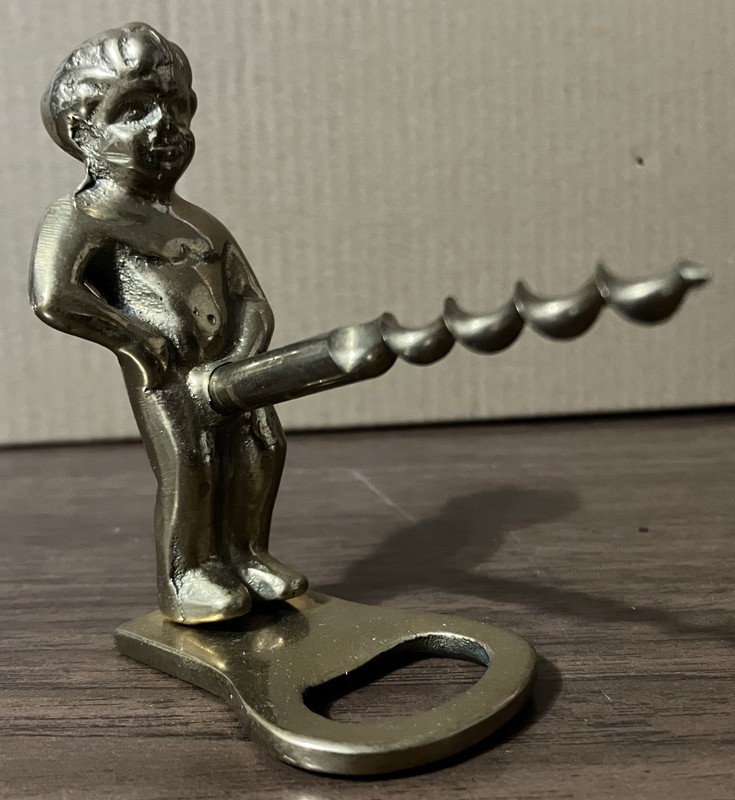 3" Brass Naughty Boy Corkscrew & Bottle Opener. Vintage, w/Box