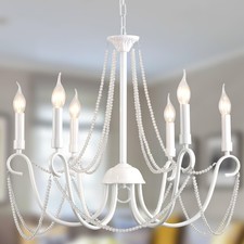 Vintage Beaded Chandelier White 6 Light E14 Pendant Farmhouse Ceiling Lamp