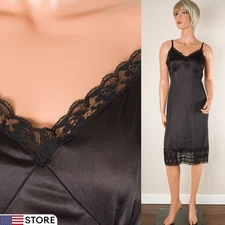 💖 LADY MANHATTAN Black Full Slip Dress M Silky Nylon Adjustable Strap Lace USA