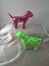 2 Victoria  s Secret PINK Stuffed Animal Toy Dogs Green Vinyl  Pink Metallic