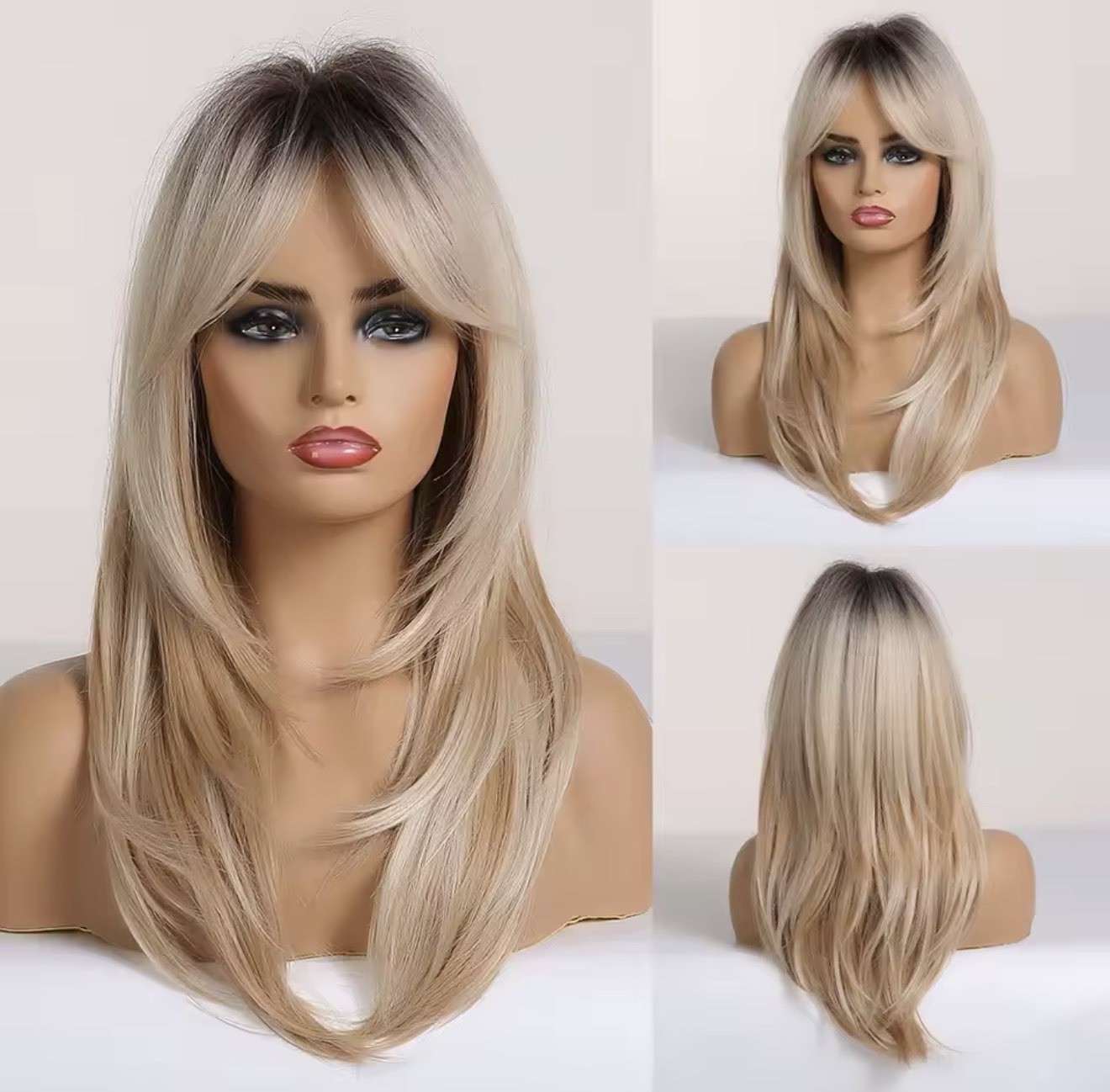 Perruque blonde cendrée longue de 55cm avec frange et racines foncées pour femme