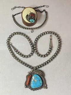 Old Pawn Navajo Massive Turquoise/Coral & Sterling Silver Pendant/Ring/necklaces