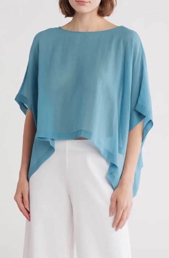 Eileen Fisher Poncho Top Bateau Neck Sheer Silk Crop Georgette Blue L/XL