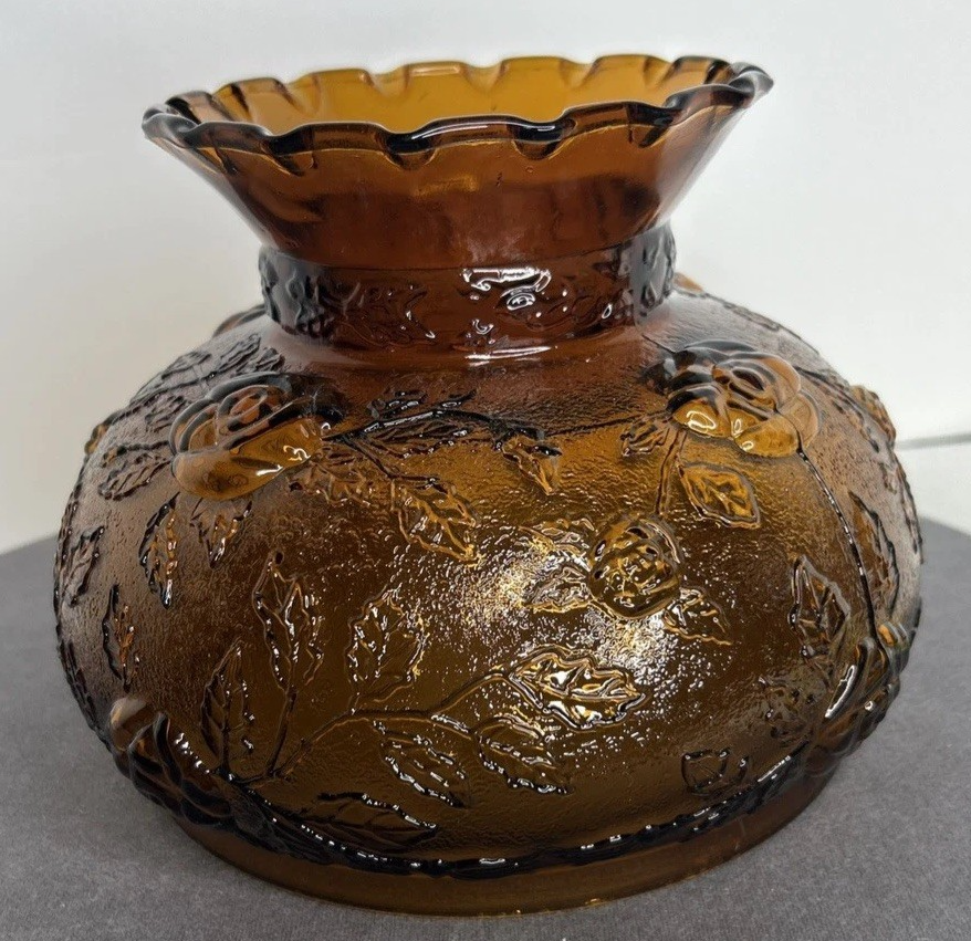 Vintage 70s Amber Cabbage Rose Glass Hurricane Lamp Shade with 7 Inch Fitter