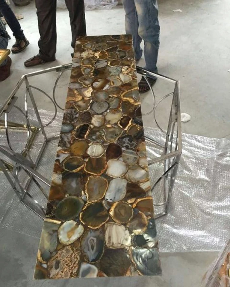 Yellow Agate Coffee Table Top , Agate Center Table , Epoxy Table Top for Office - Image 3 of 4