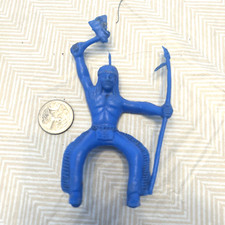 Vintage Blue Plastic American Indian Toy Horse Rider Tomahawk and Spear 4"