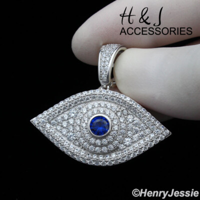 MEN WOMEN 925 STERLING SILVER ICED BLING CZ BLUE EVIL EYE CHARM PENDANT*ASP338