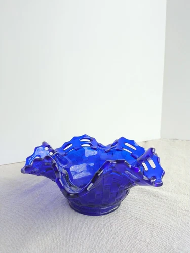 Vintage Fenton Cobalt Open Weave Basket Candy Trinket Dish w/ Lace on the Rim