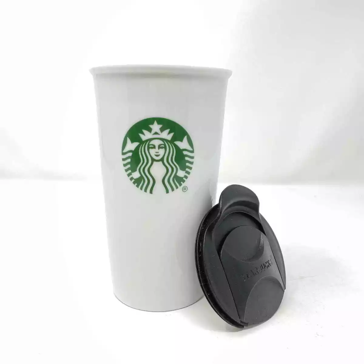 Starbucks Glass Tumbler Coffee Cup w Lid White Green Logo 10 Ounces