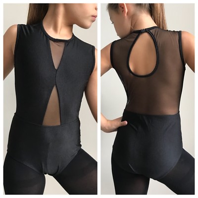 Schwarzes Trikot. Alter 7-12 Jahre Gymnastik Tanzkleidung UK Netz Ballett lyrisch Kind  