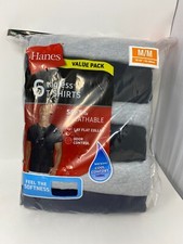 HANES TAGLESS T-SHIRTS CREW NECK BLACK BLUE GRAY M 38-40 NEW IN BAG / 6 COUNT