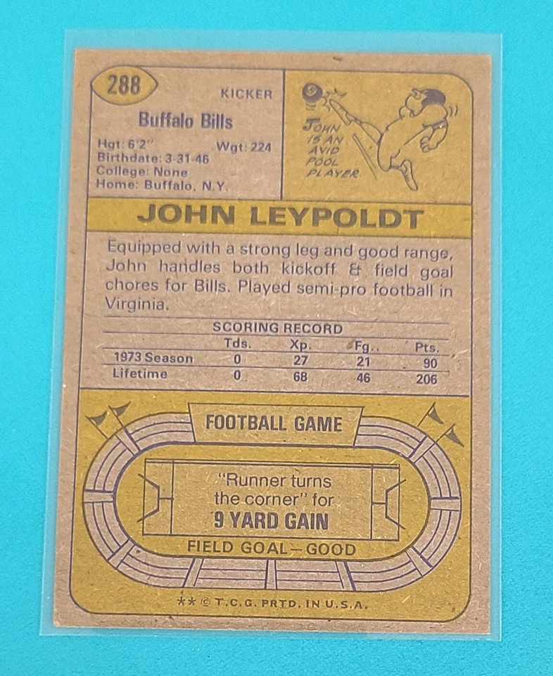 1974 Topps #288 John Leypoldt Buffalo Bills FOOTBALL Card D9 - Image 2 of 2