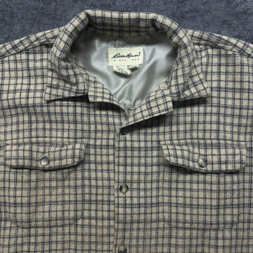 Vintage Eddie Bauer Shirt Mens Large Beige Plaid Button Up Wool Heavy Workwear - Image 4 of 4