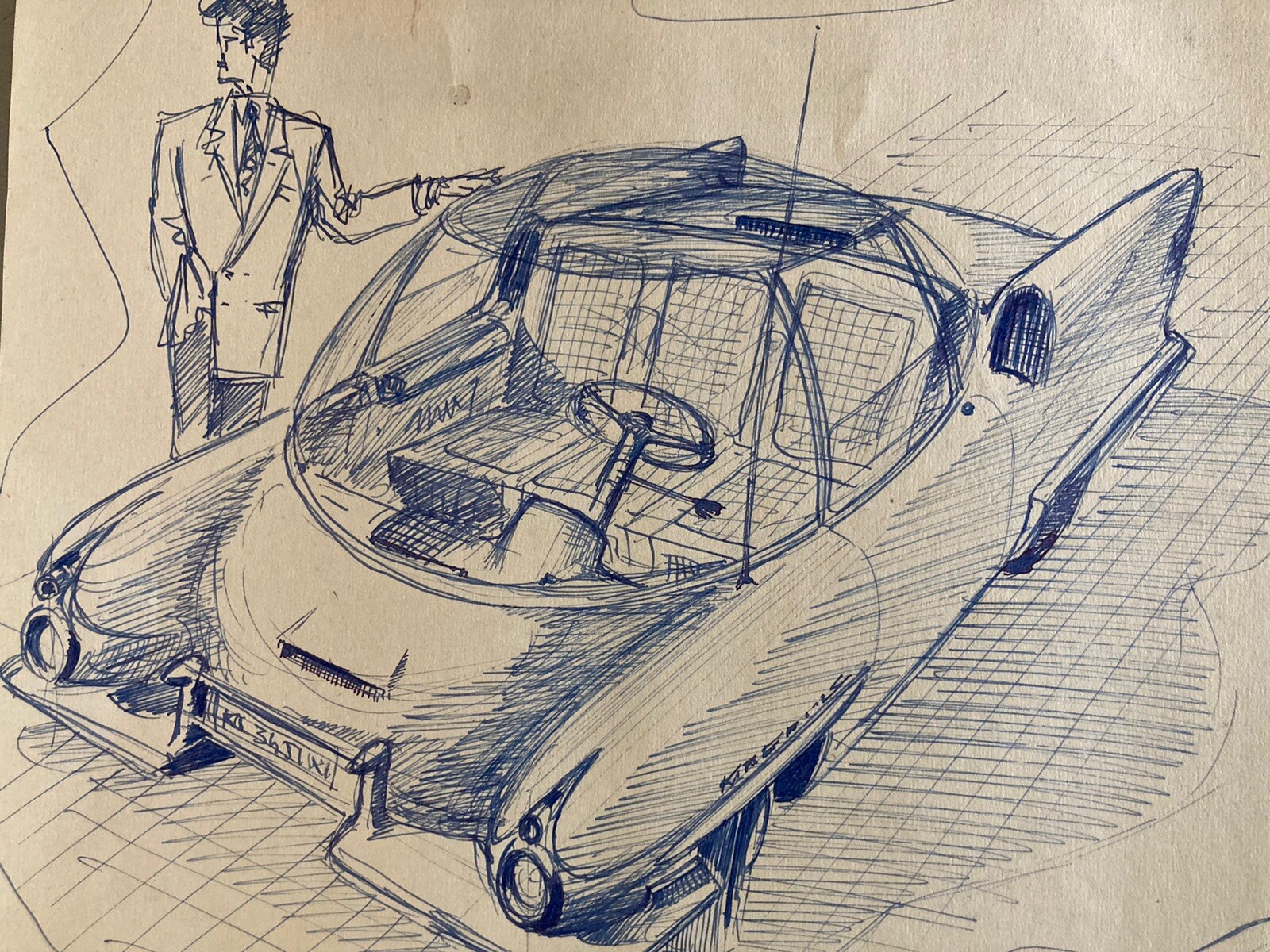 Muy Bonito Dibujo Pluma Tinta Diseño Coche Burbuja 1950 Bubble Car Arte