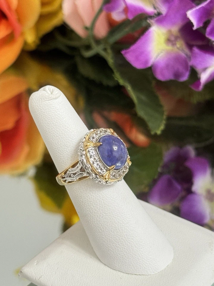 Коктейльное кольцо из чистого серебра с кабошоном танзанитом белым топазом Victoria Wieck размер 5 - Изображение 2 из 4