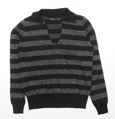 Marks and Spencer Damen Pullover schwarz Kragen gestreift Viskosemischung Größe M