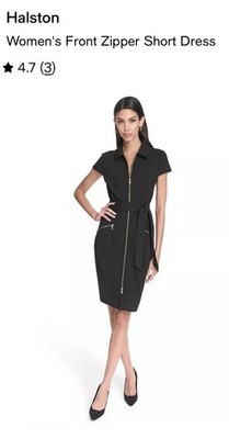 Halston Women's Cap Sleeve Belted Front Zip Sheath Black Dress Size 8 Career