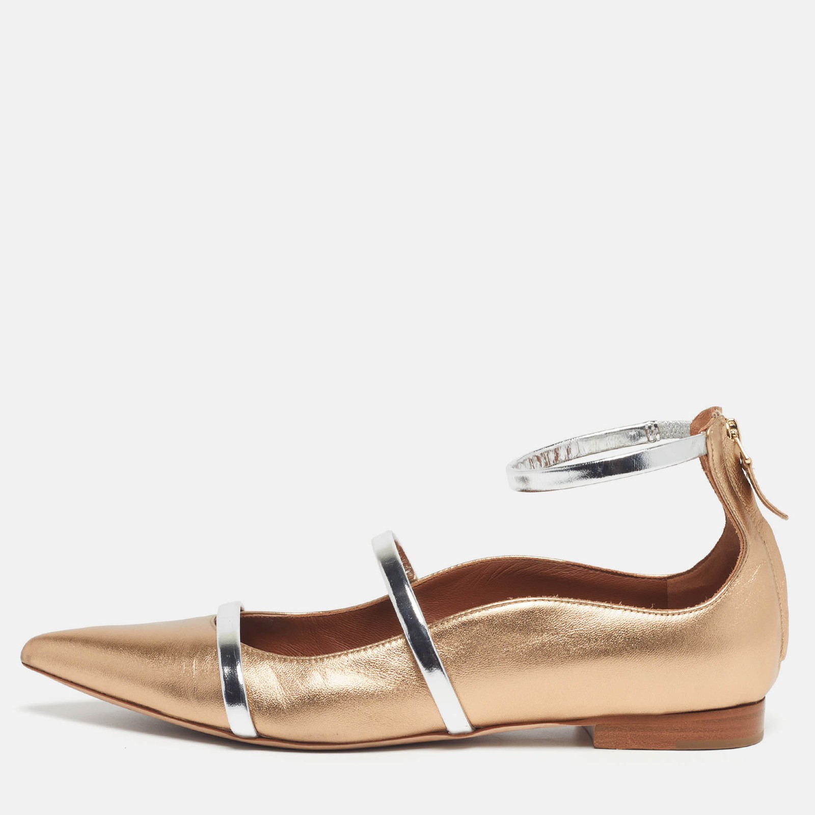 Malone Souliers Maureen Size 38 GoldSilver Leather Ankle Strap Ballet Flats