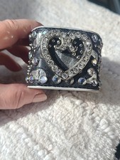 CUFF BRACELET GENUINE LEATHER RHINSTONES METALSTUDS HEART GOTHIC BOHO-CHIC...