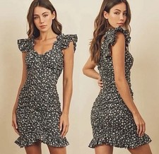 DRESS FORUM DITSY DAISY RUCHED Navy Floral MINI DRESS M Off The Shoulder Stretch