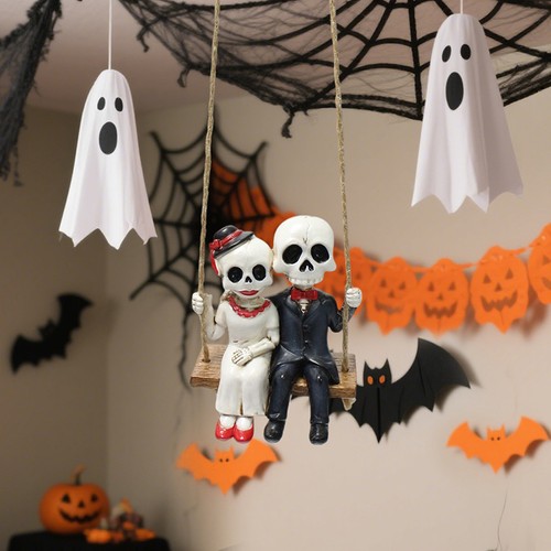 Swing Skeleton Couple Garden Statue Outdoor Halloween Decor, Cute Skull Figurine - Picture 2 of 9