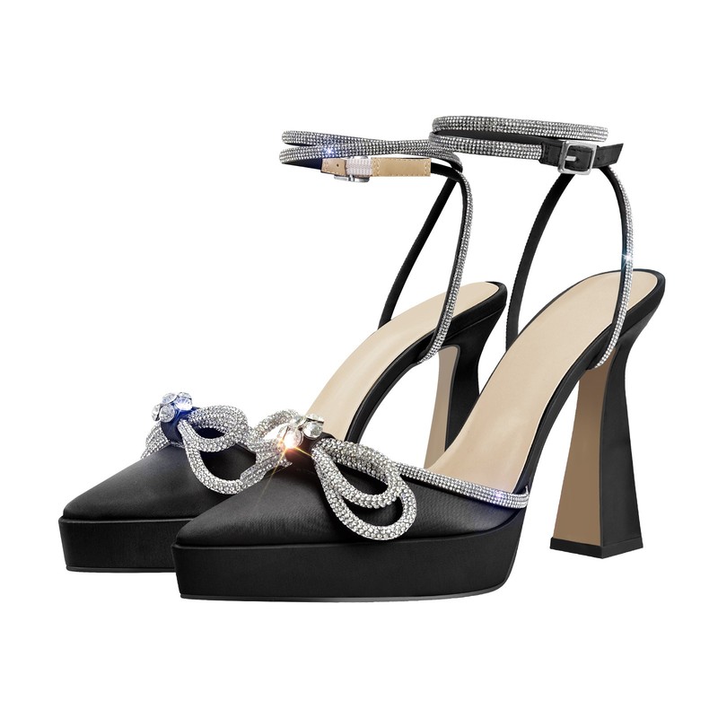Women Black Satin Platform High Heels Rhinestone Bow Pointed Toe Ankle Strap US7