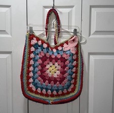 Handmade Crochet Colorful Bag with a Crochet Pink Ribbon