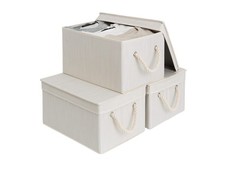 Storage Bins With Lids, Fabric Boxes For Closet, Slub White