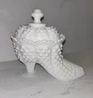 Vintage Fenton Milk Glass White Hobnail Covered Shoe w/lid Candy Dish