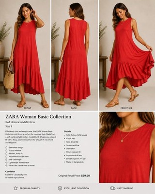 ZARA Woman Basic Red Midi Dress Sleeveless Scoop Neck Flowy Hem Size S