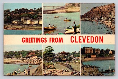 Vintage Greetings From Clevedon UK Multi-View Postcard - Pier, Bandstand, Bays