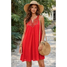 Luxology Dress Womens 12 Red Embroidered Boho Festival Coastal Resort Vacation