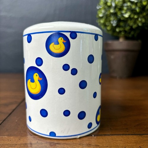 Vintage Ceramic RUBBER DUCKY Toothbrush White Blue Dots HolderYellow Duck CUTE! - Picture 3 of 7