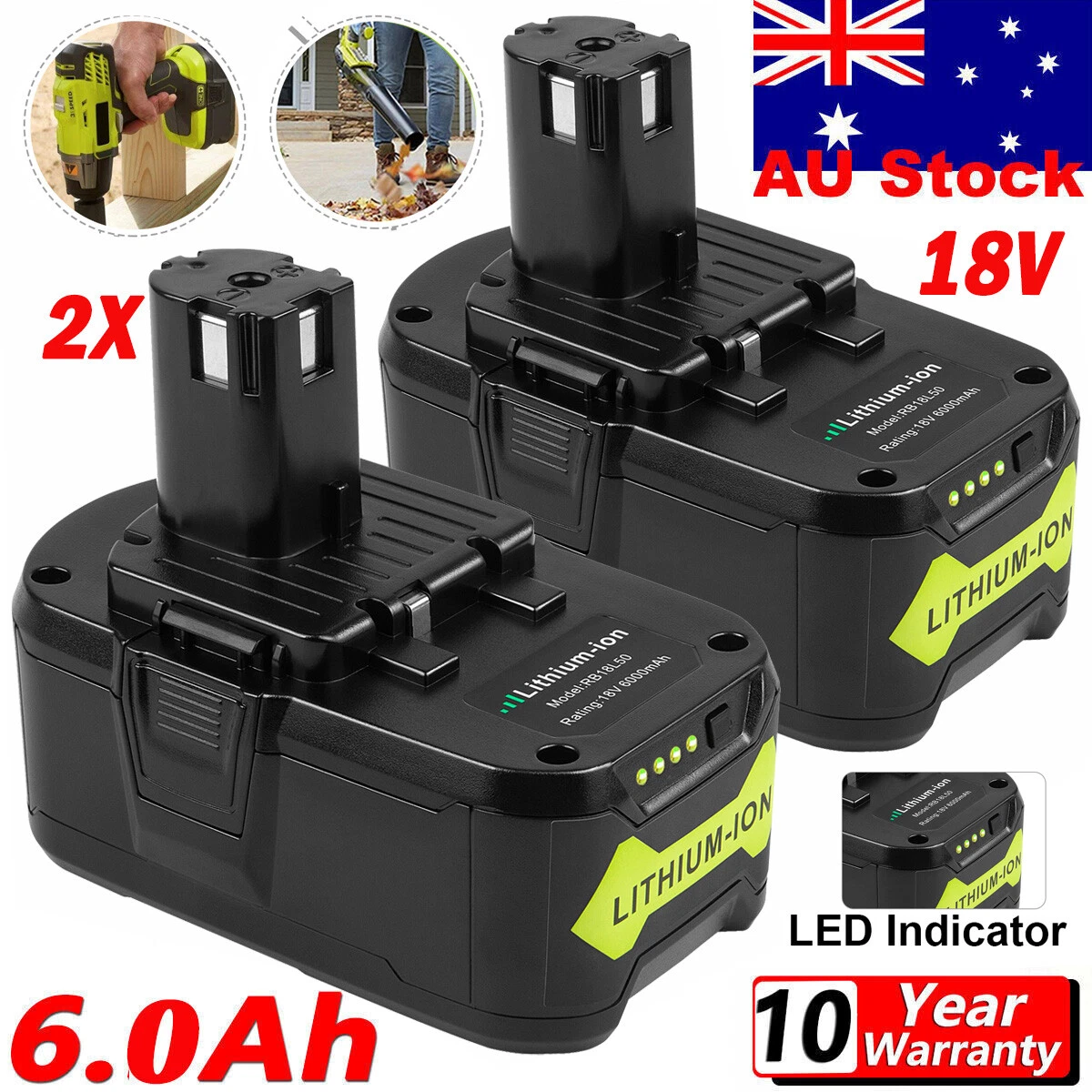 2X FOR RYOBI 18V 6.0AH LITHIUM BATTERY P108 P102 P103 P108 P107