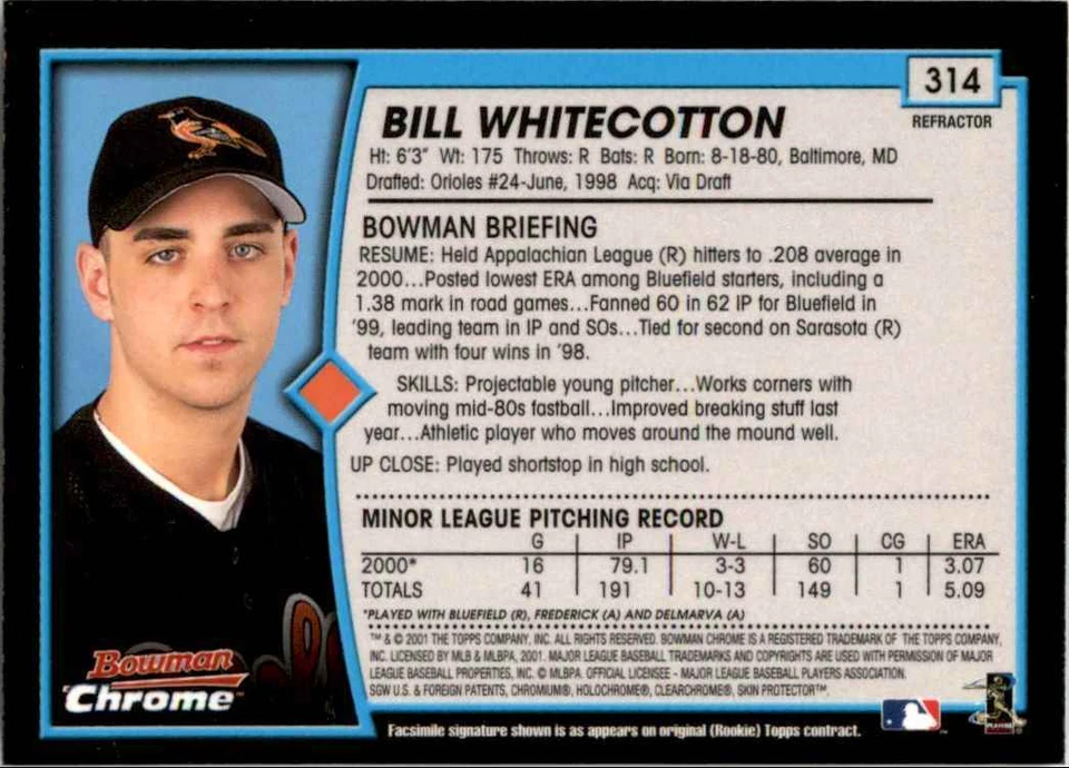 2001 Bowman Chrome Refractor Bill Whitecotton Rookie #314 - Image 2 of 2