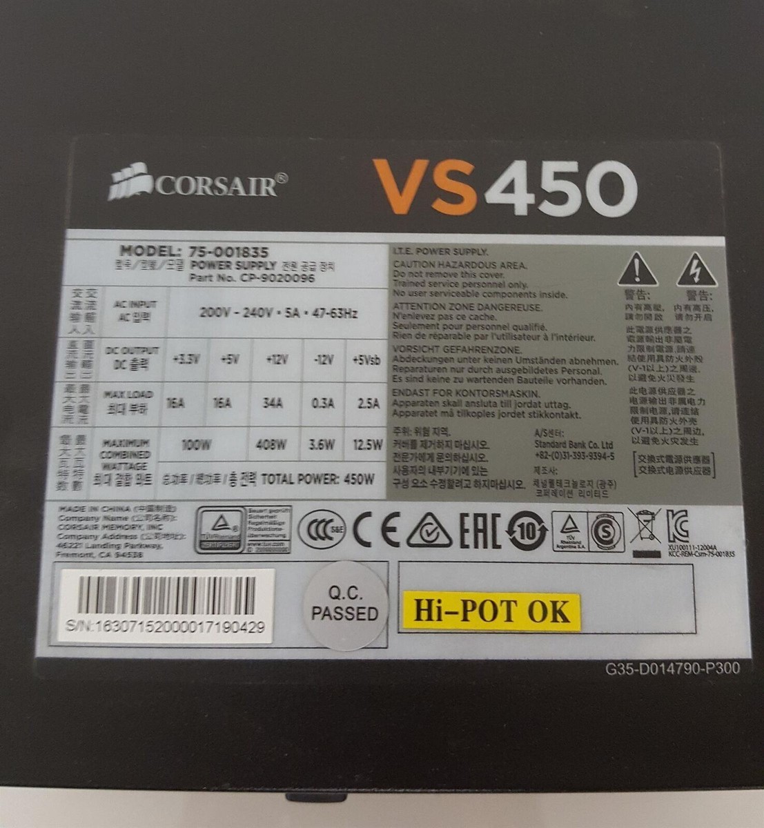 Alimentation PC Corsair VS450 - 450W, ATX, Semi-modulaire - Occasion (bon état)