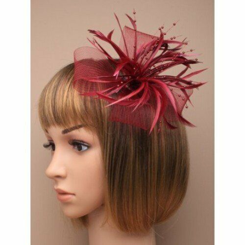 Burgundy fascinator with sinamay net loops and feather tendrils