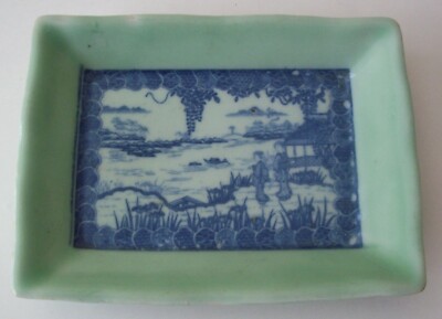 Original 18th/19th C. Japanese Celadon Porcelain Rectangular Dish W/ Scenic