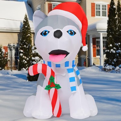 Christmas Santa Hat Husky Dog Candy Cane Airblown Inflatable Decor Blow Up Lawn