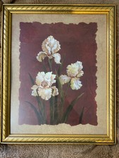 Golden framed, detailed floral art, maroon background, 18"x22"