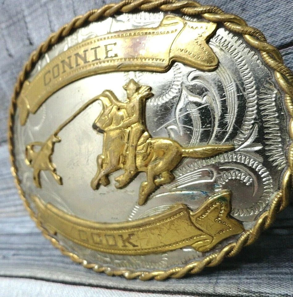 Western Calf Roping Trophy Belt Buckle Rodeo Nickel Silver Vintage 80s   .CVB320 - Image 4 of 4