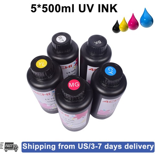 ACHI 5*500ML UV INK Refill For UV Printer 5 Colors CMYK WH Neutral Ink US Ship - 第 1/7 張圖片