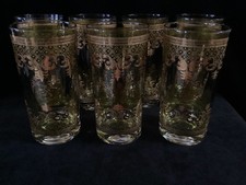 Vintage Georges Briard "Green  Gold Lattice Scroll" Tumblers 7 