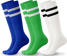3 Pairs Boys Soccer Athletic Socks Kids Striped Football Knee High Uniform Sport
