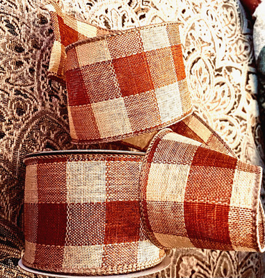 Fall Rust and Sandy Beige Buffalo Plaid 2.5'' by 2 yd Woven Wired Ribbon Country